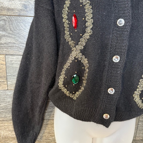 80s Bling Casino Grandma Cardigan Black Beaded Jewel Button Silk Angora Small S - Picture 5 of 9